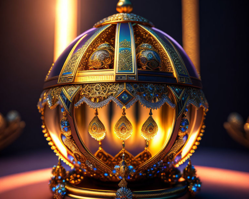 Golden sphere with blue gem studding on dark background.