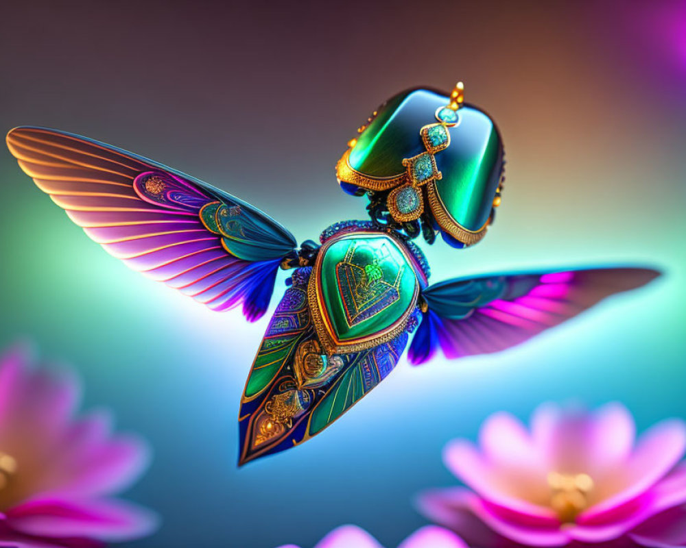 Colorful hummingbird with ornate wings and flowers on gradient background