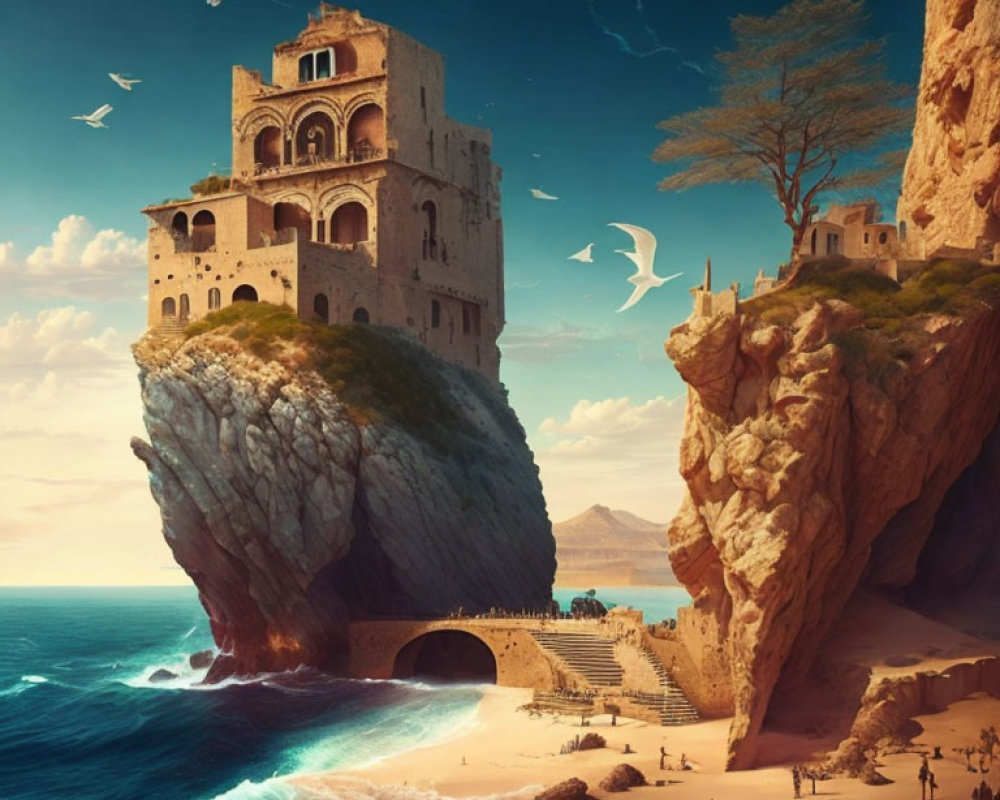 Seaside cliff with ancient building, stone staircase, beach, people, and turbulent waves