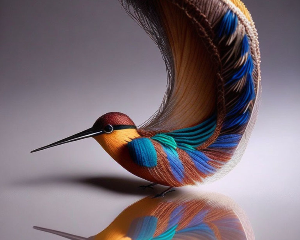 Colorful Bird Sculpture with Intricate Feather Details and Reflective Surface