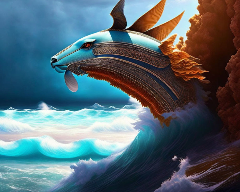 Dragon-head ship cresting vibrant blue wave with golden detailing, dramatic sky.