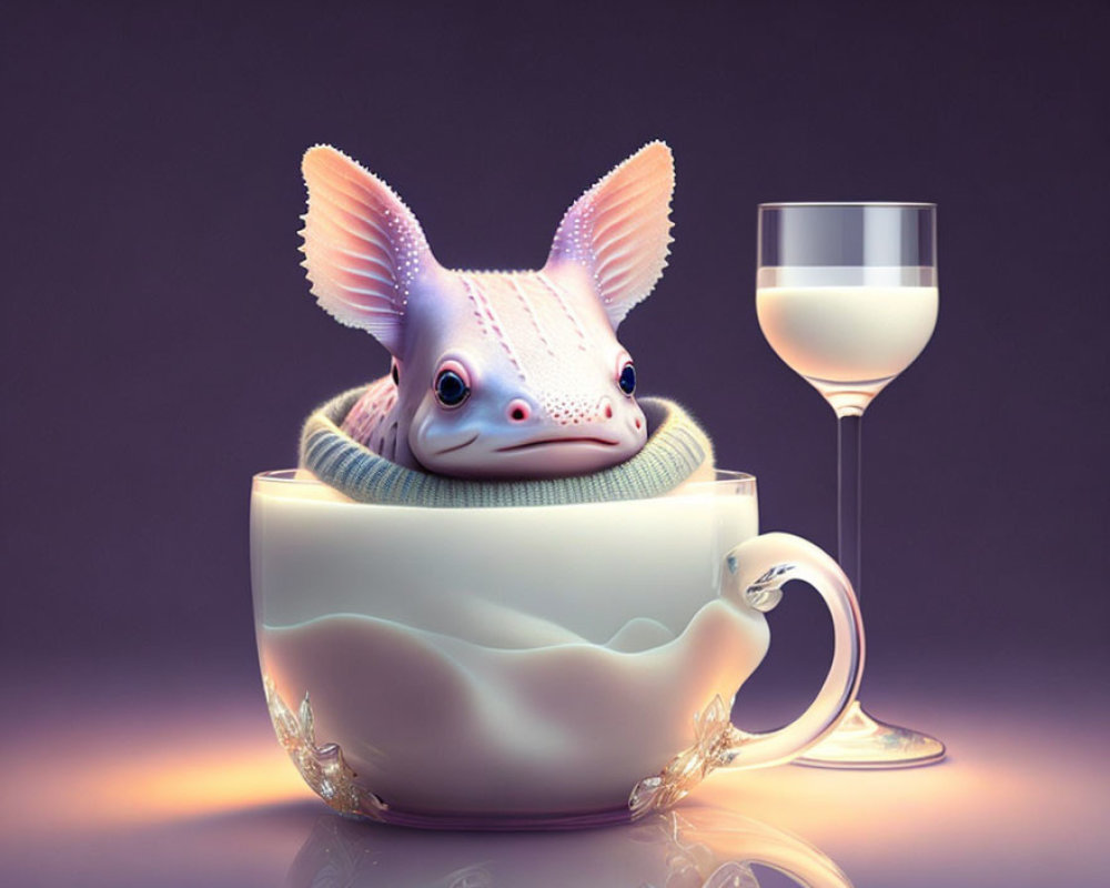 Pink axolotl in cozy sweater peeking from cup with wine glass