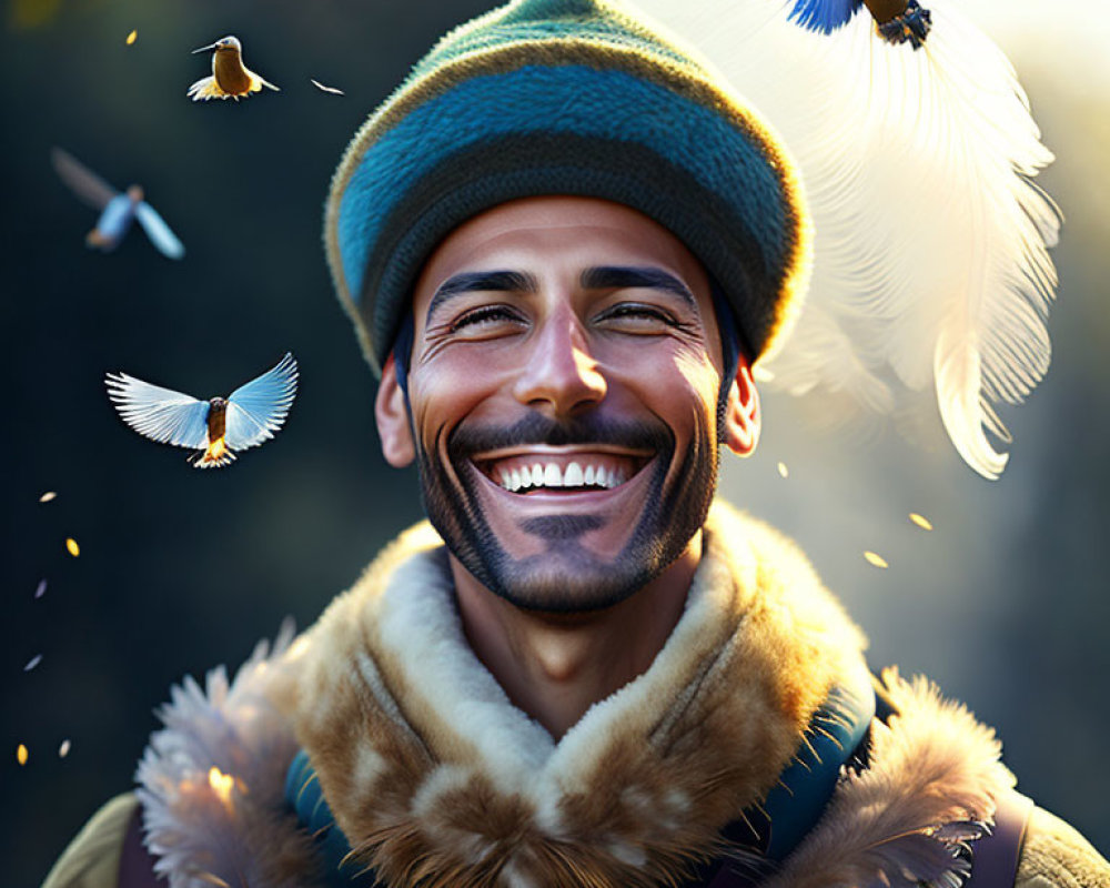 Smiling man in green beanie and fur-lined coat with flying birds in sunlit background