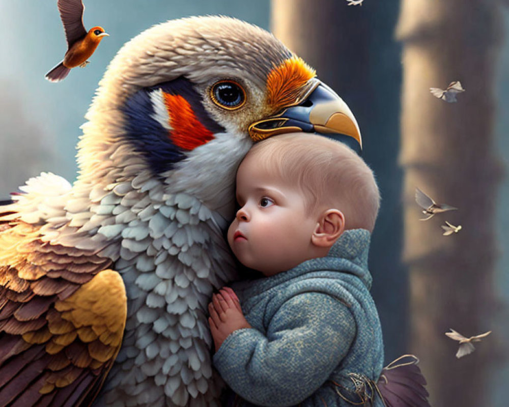 Baby cuddles against majestic bird with colorful face amid flying birds