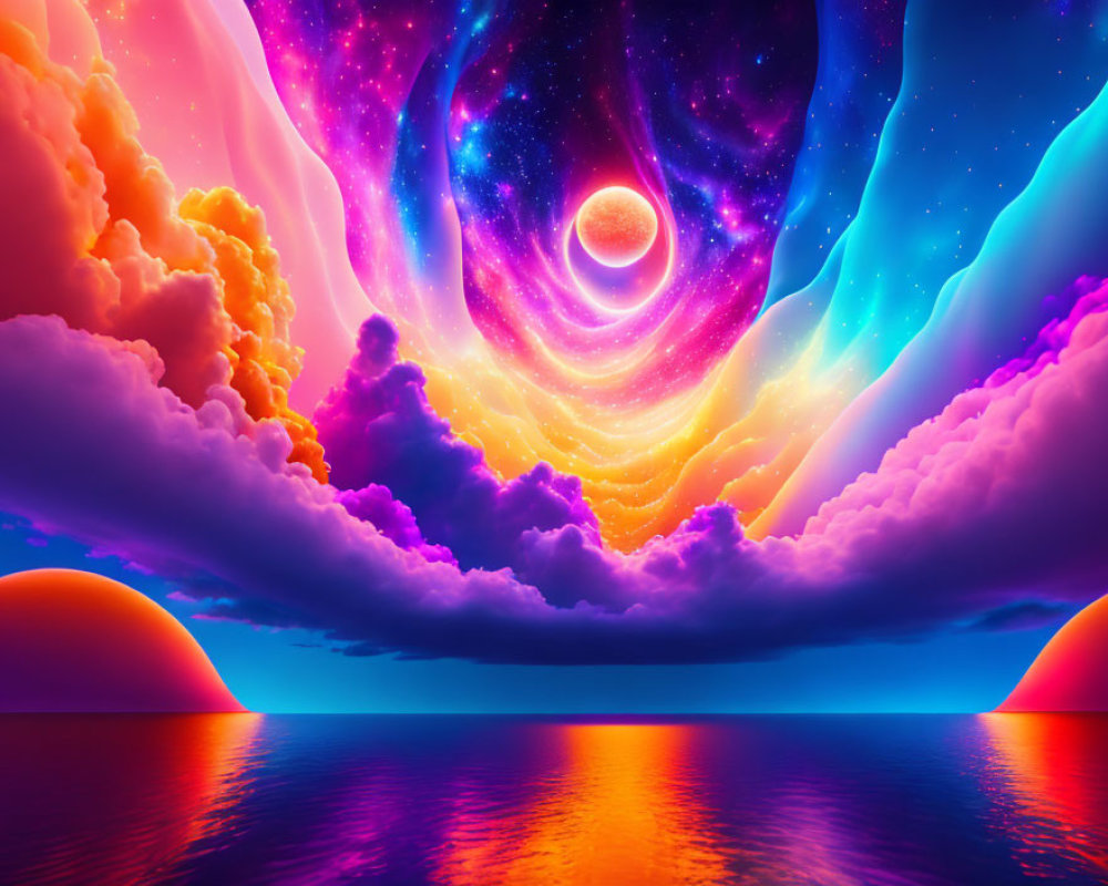 Vibrant surreal landscape with cosmic sea and sky