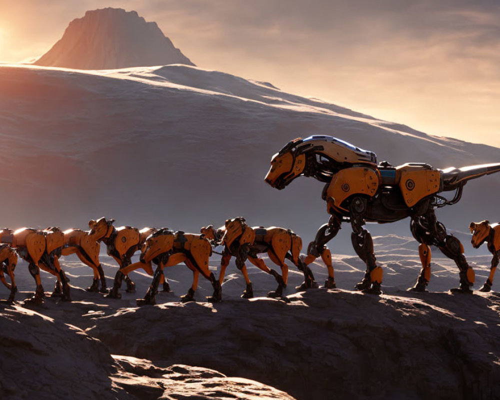 Robotic quadrupeds resembling cheetahs on rocky terrain at dusk