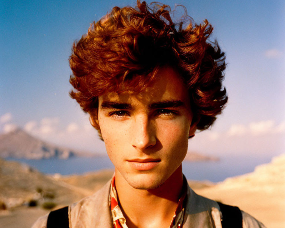 Young man with curly brown hair, freckles, and green eyes against blue sky and mountains