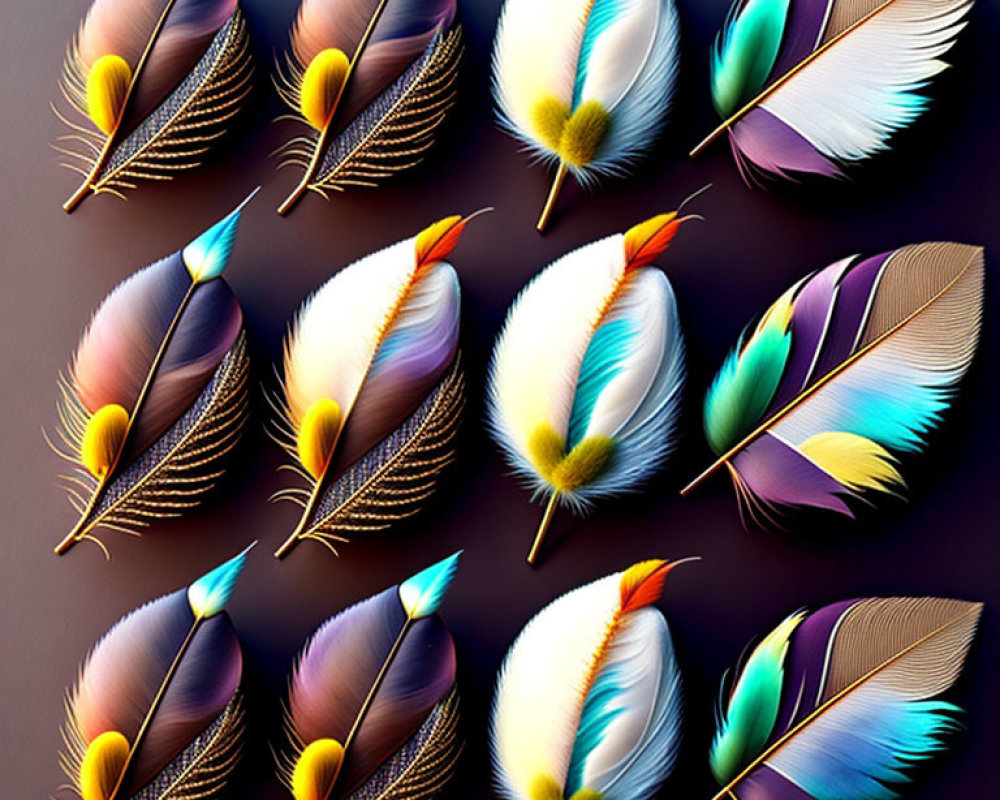 Vibrantly colored digital feathers on dark background