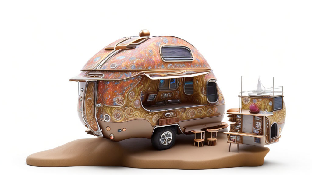 Intricate snail-shaped camper with smaller trailer and outdoor seating