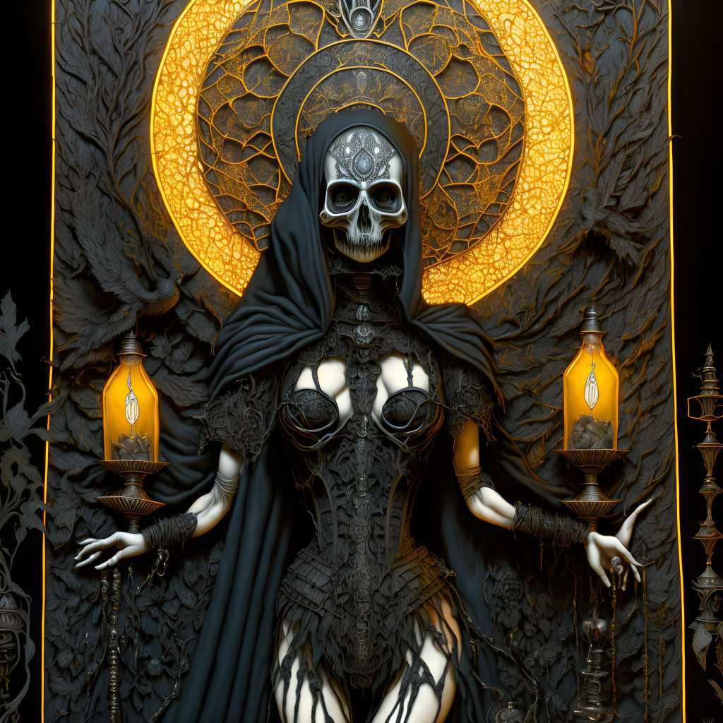 Skull-faced figure in Gothic corset and cloak with ornate backdrop
