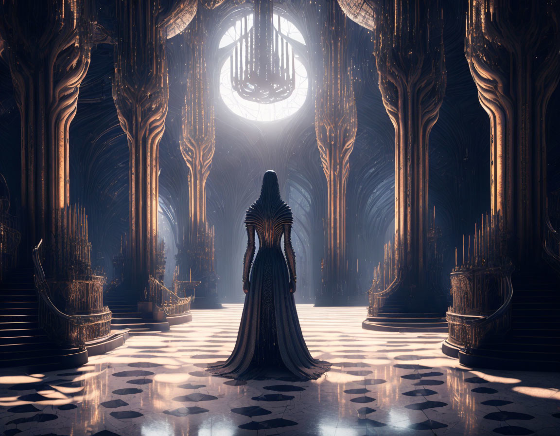 Cloaked figure in gothic cathedral with tall columns and intricate patterns