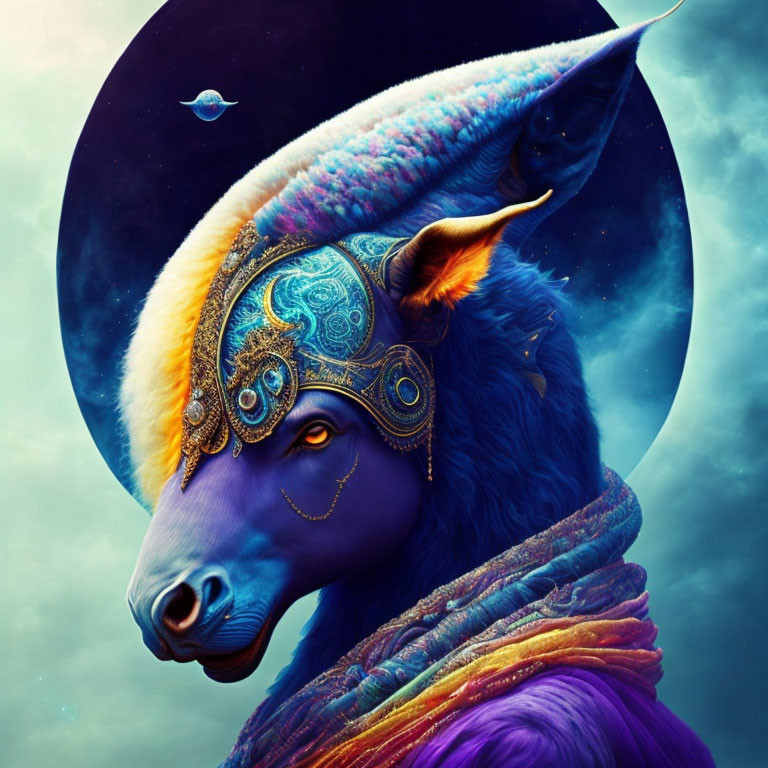Colorful mystical bull digital artwork with cosmic background and intricate jewelry