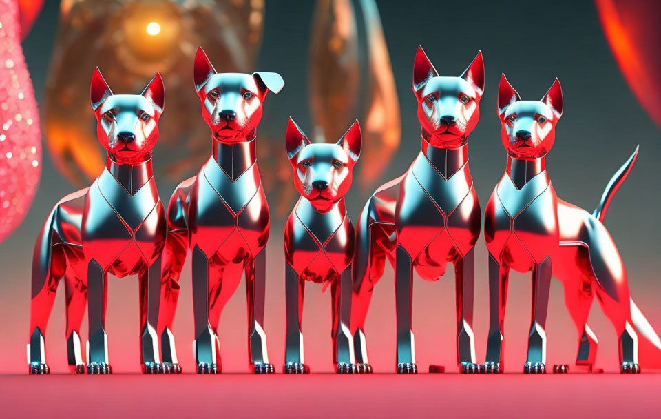 Five red metallic robotic dogs with glowing orb on red background