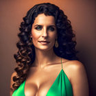 Dark-haired woman in green dress exudes vintage glamour on wooden backdrop