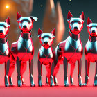 Five red metallic robotic dogs with glowing orb on red background