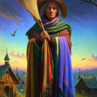 Colorful Cloaked Figure with Broom in Rural Landscape