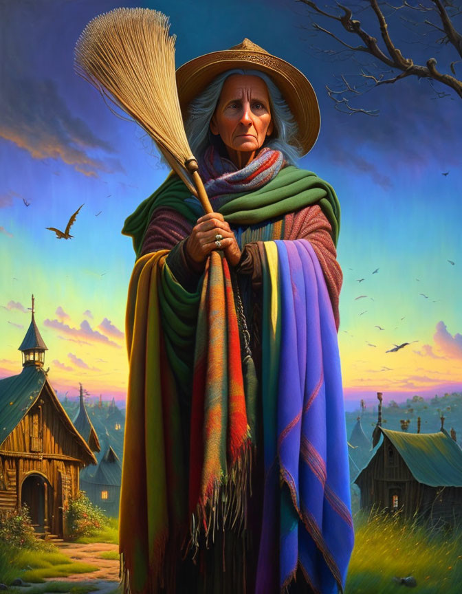 Elder woman in colorful shawl with broom in rural setting