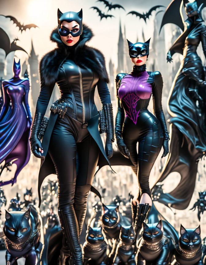Two women in Catwoman costumes with bat-like creatures in background.