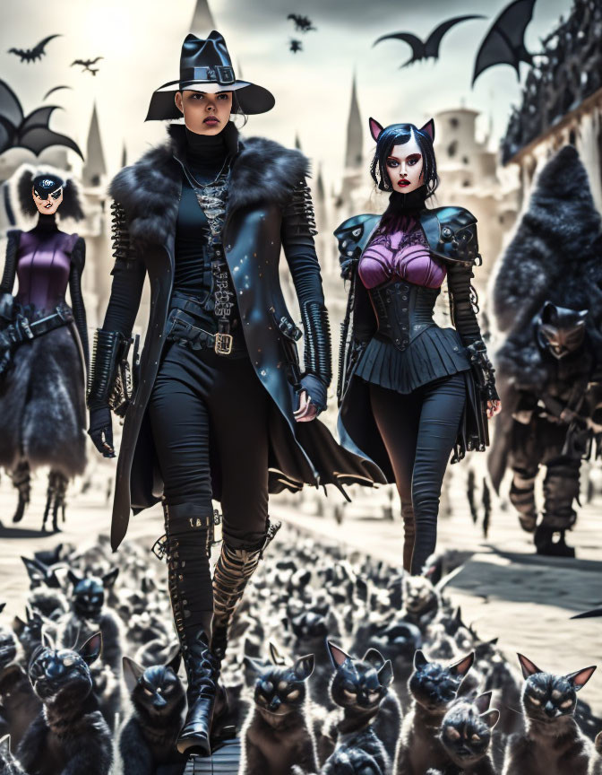 Stylized women in gothic attire lead cats through archaic cityscape