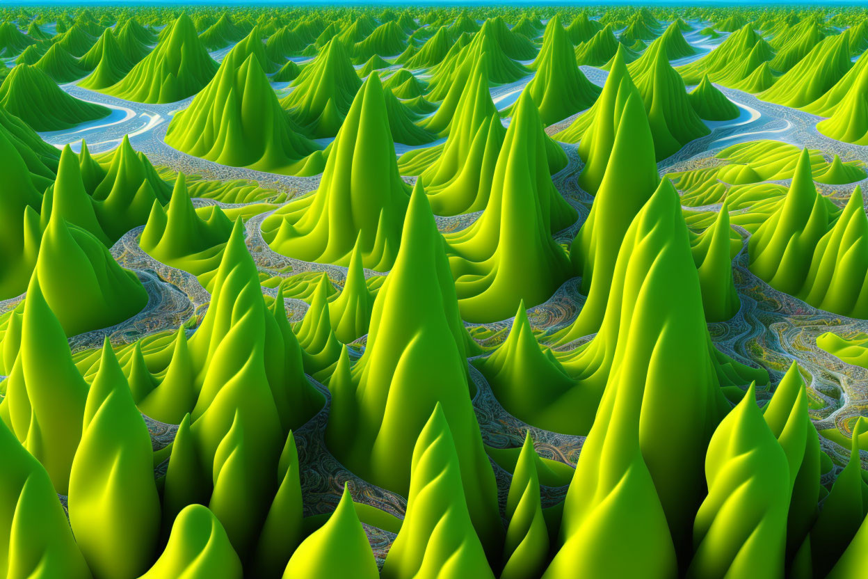Surreal landscape with vivid green conical shapes and blue rivers