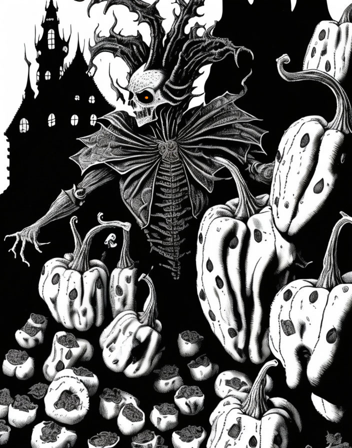 Monochrome illustration: Spooky skeletal creature among pumpkins by dark castle