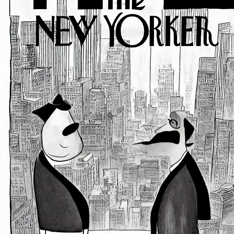 Anthropomorphic dogs in suits on skyscraper with cityscape view