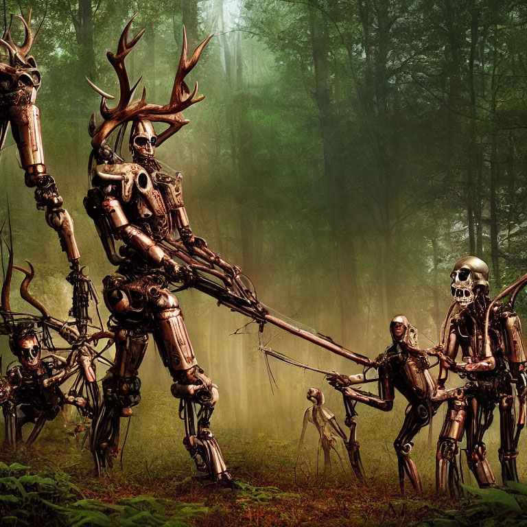 Skeletal robotic creatures with antlers in misty forest