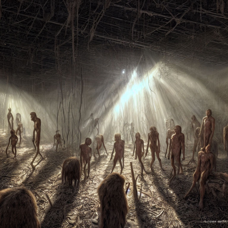 Sunlight illuminates hominins in prehistoric forest