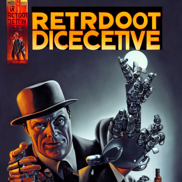 Stylized poster of detective with hat and magnifying glass surrounded by dice
