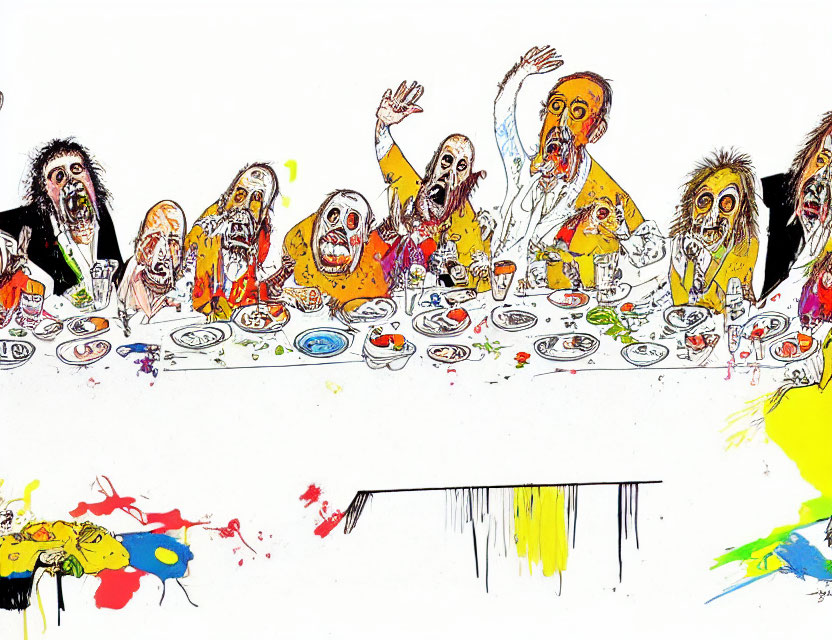 Vibrant Cartoon Characters at Chaotic Dining Table