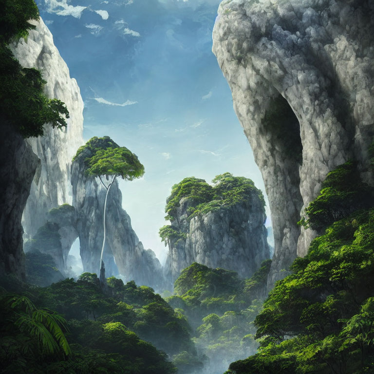 Mystical forest with towering cliffs and lush green trees in soft mist