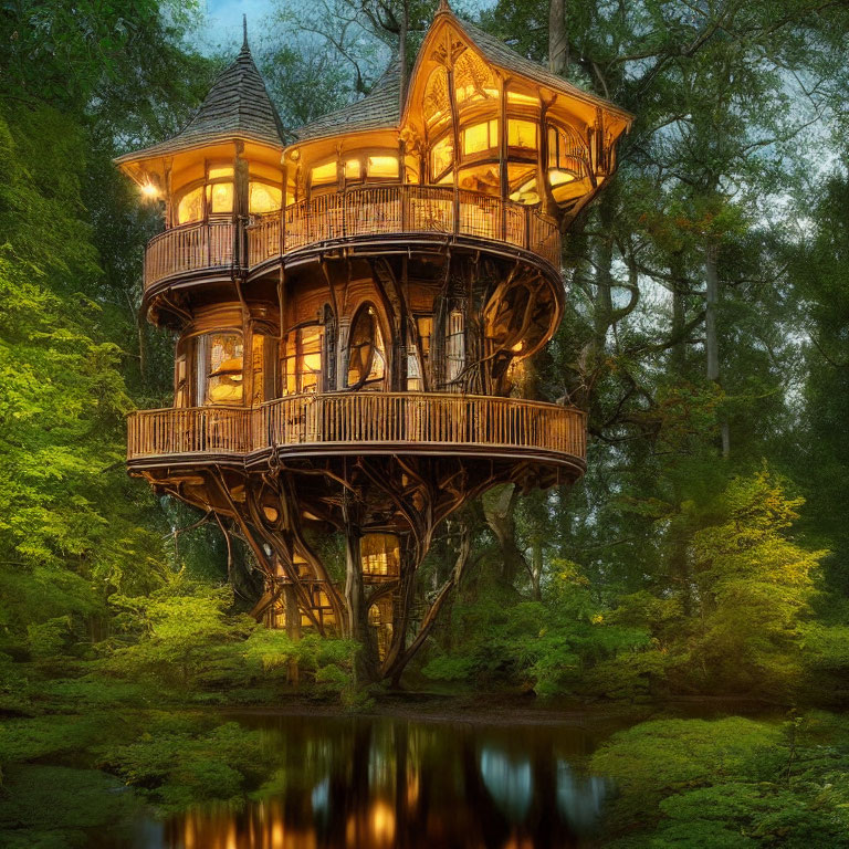 Multi-level illuminated treehouse in lush forest at twilight reflected in calm pond