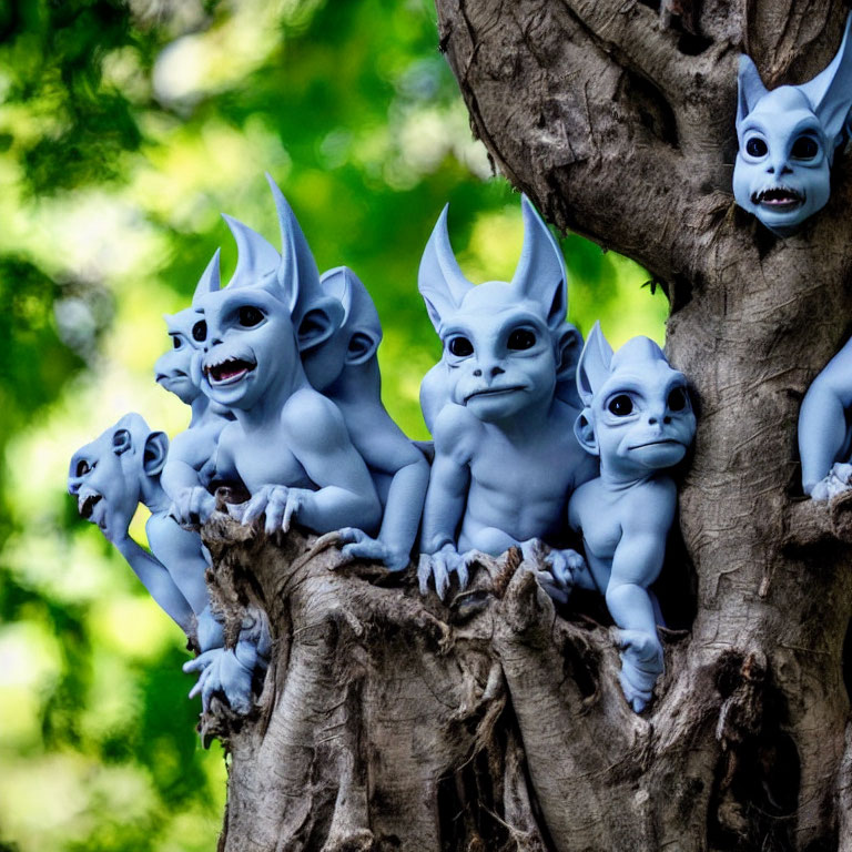 Mythical creatures with horns and large ears in tree setting