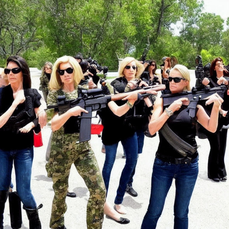 Women in different outfits with rifles aiming in outdoor setting