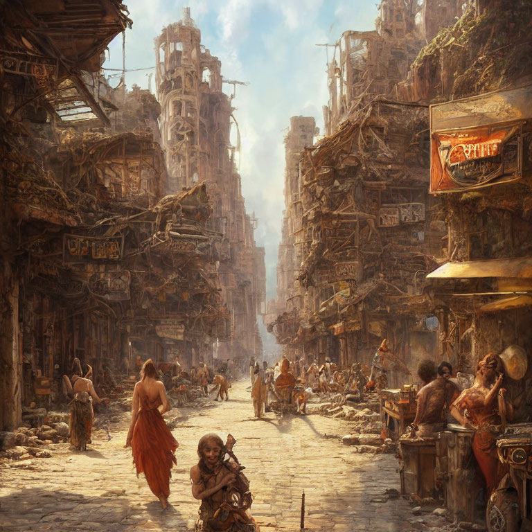Sunlit post-apocalyptic street scene with bustling crowds and dilapidated buildings.