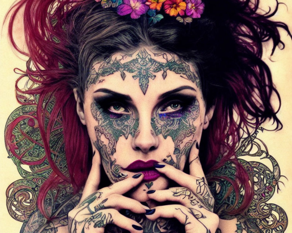 Woman with Vibrant Floral Tattoos and Flower Crown Gazing Intently
