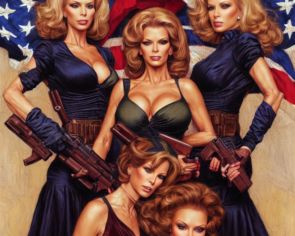 Stylized woman in various outfits posing heroically with handguns against American flag.