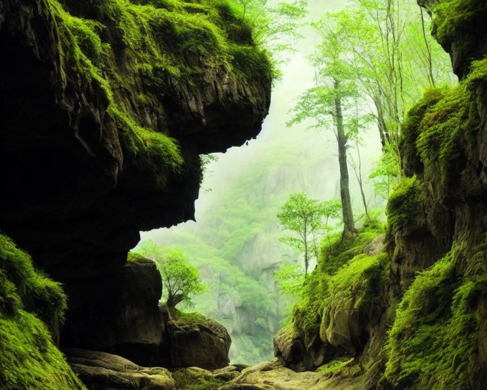 Greenery-draped rocky cave with stream in foggy forest