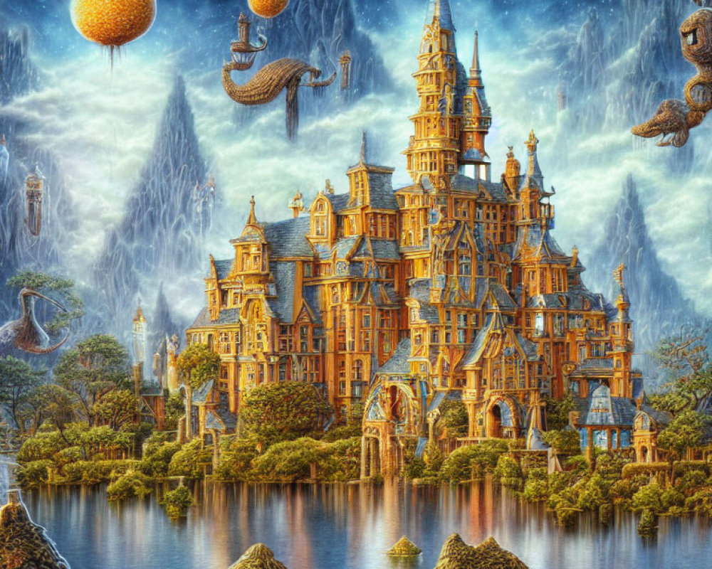 Majestic castle on floating islands in dreamlike landscape