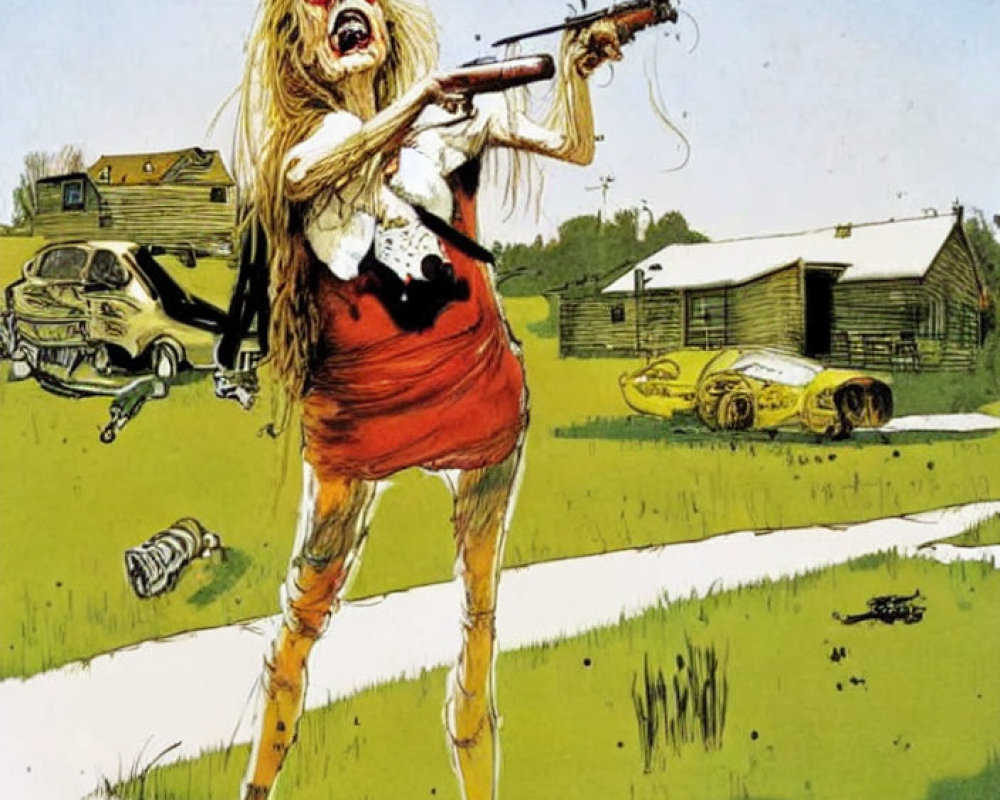 Decaying zombie in red dress with rifle in grassy field.