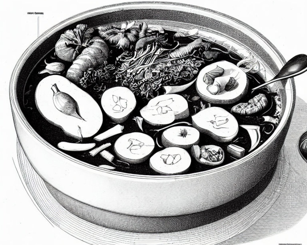 Detailed black and white food pot illustration with shrimp, eggs, noodles, and vegetables.
