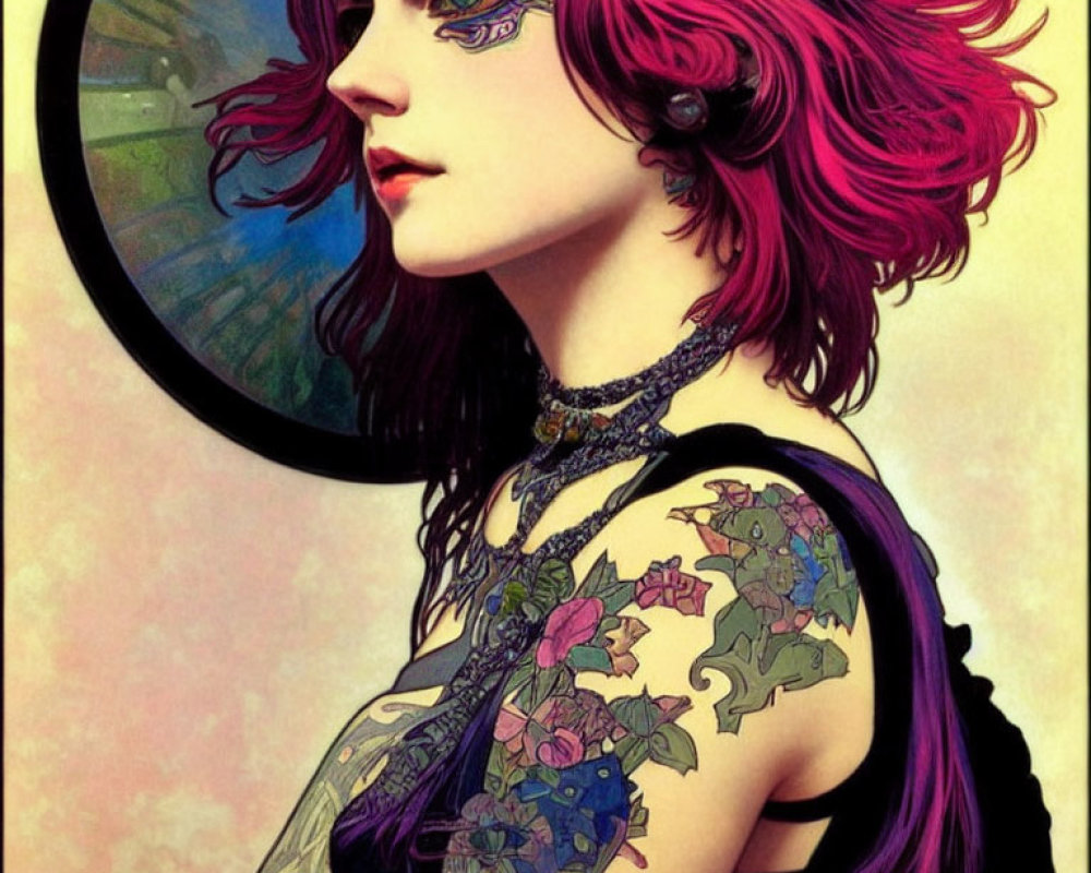 Illustrated woman with pink hair, floral tattoos, and headband in round frame