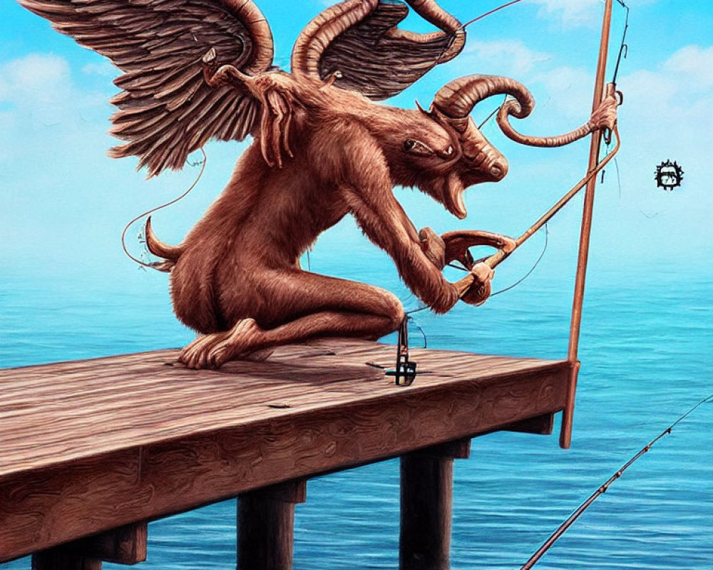 Mythical creature with lion body, wings, and ram's head fishing on pier