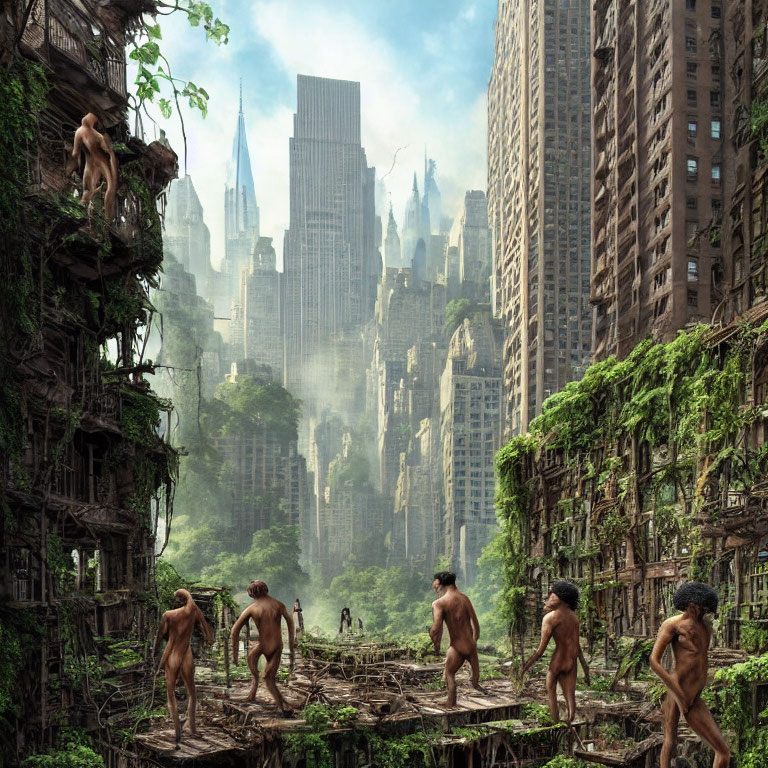 Overgrown New York ruins with wandering primates