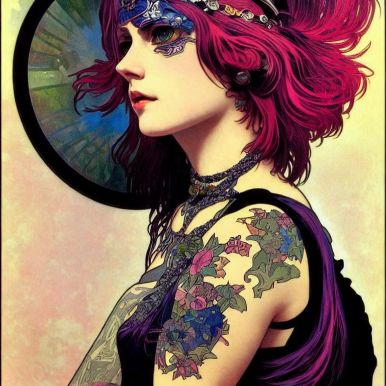 Illustrated woman with pink hair, floral tattoos, and headband in round frame