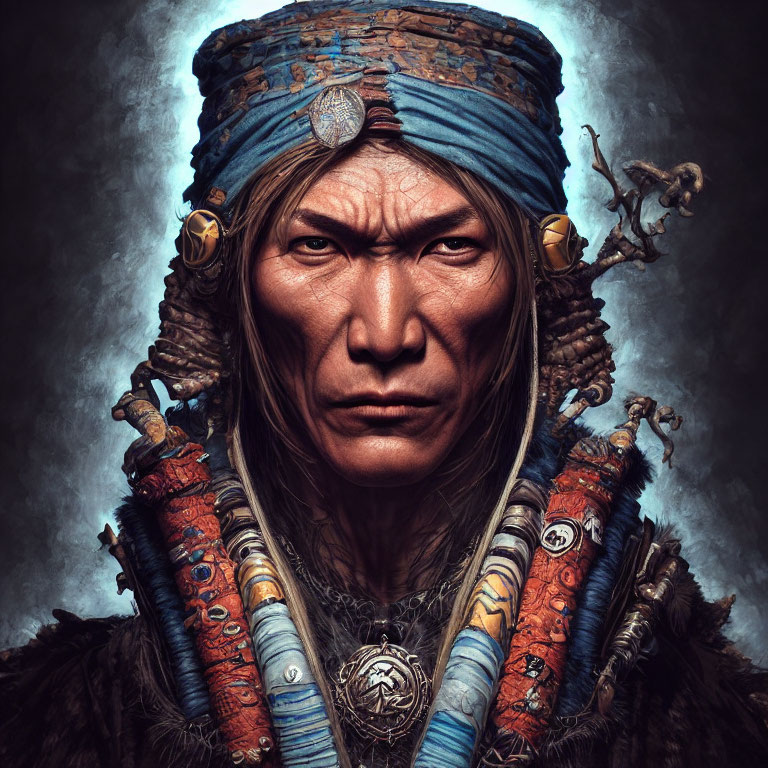 Portrait of a person in tribal attire with blue headband and fur garment