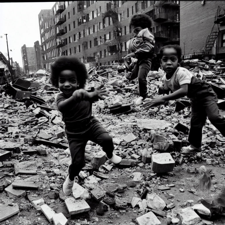 Children playing in urban rubble with buildings and debris.