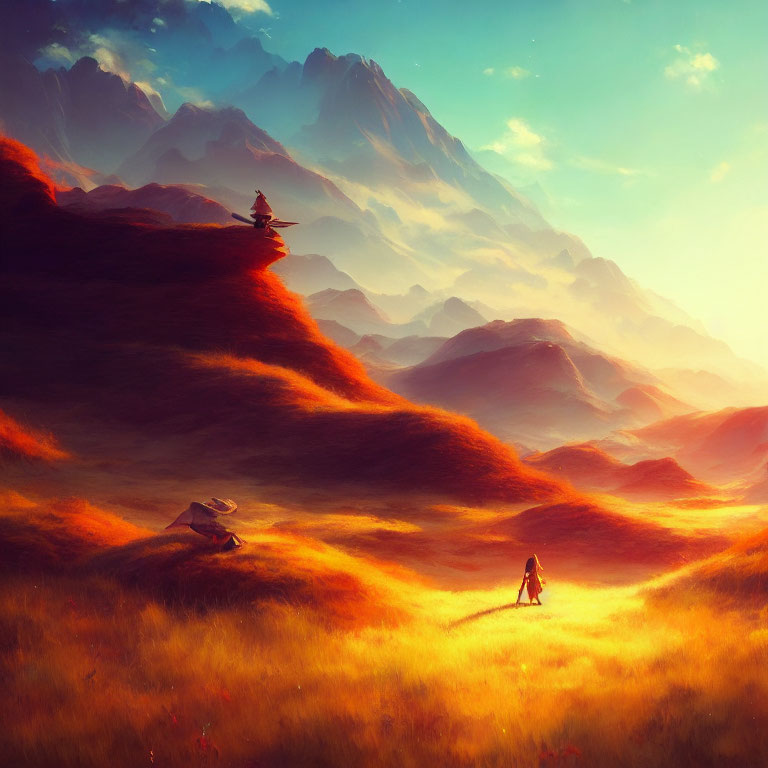 Figure in golden field under dramatic sky near mountains at sunset