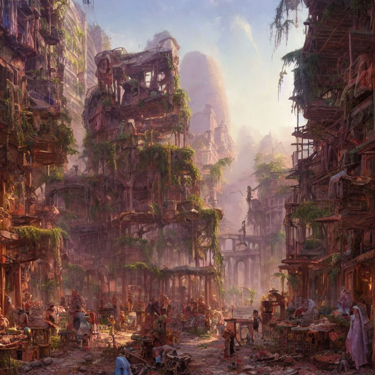 Post-apocalyptic city market with overgrown ruins and bustling trade