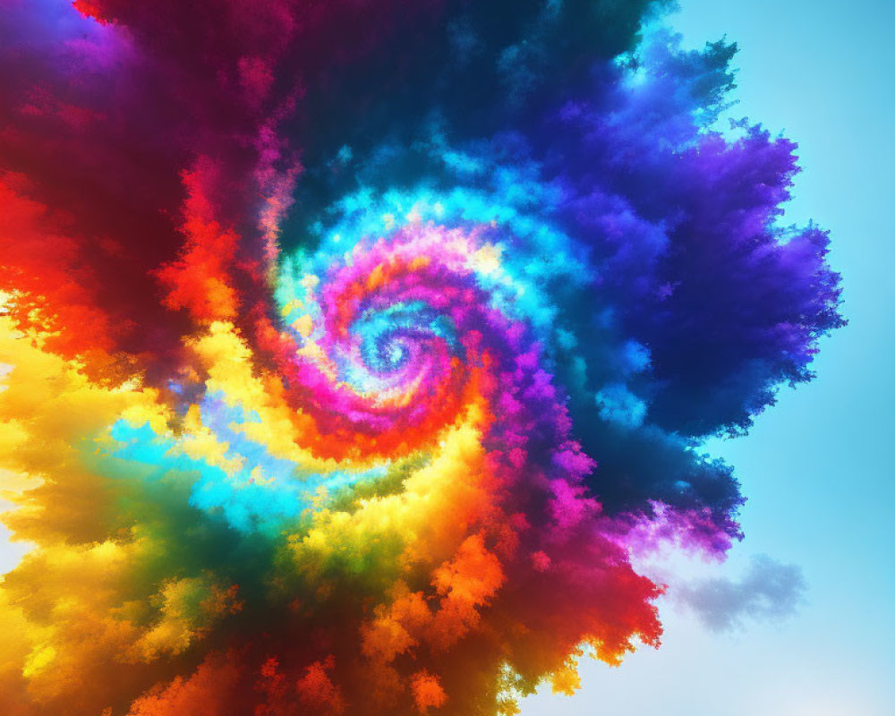 Colorful swirling fractal against blue sky with sunlight hints